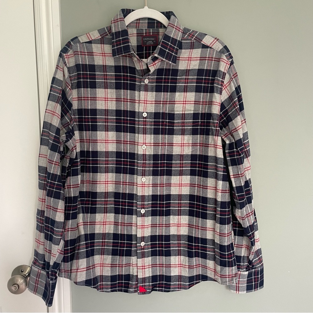 UNTUCKit "Campeneta" 100% Cotton Blue Red Gray Plaid Long Sleeve Flannel Shirt - Picture 2 of 12
